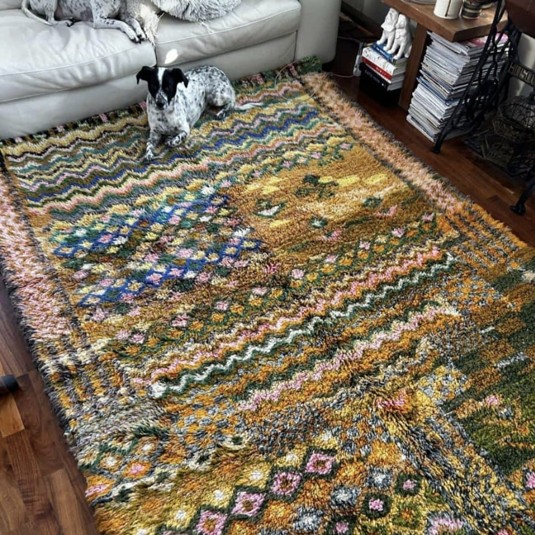 Colorful handmade Moroccan Azilal wool rug with pink, blue, and yellow pattern styled in a living room