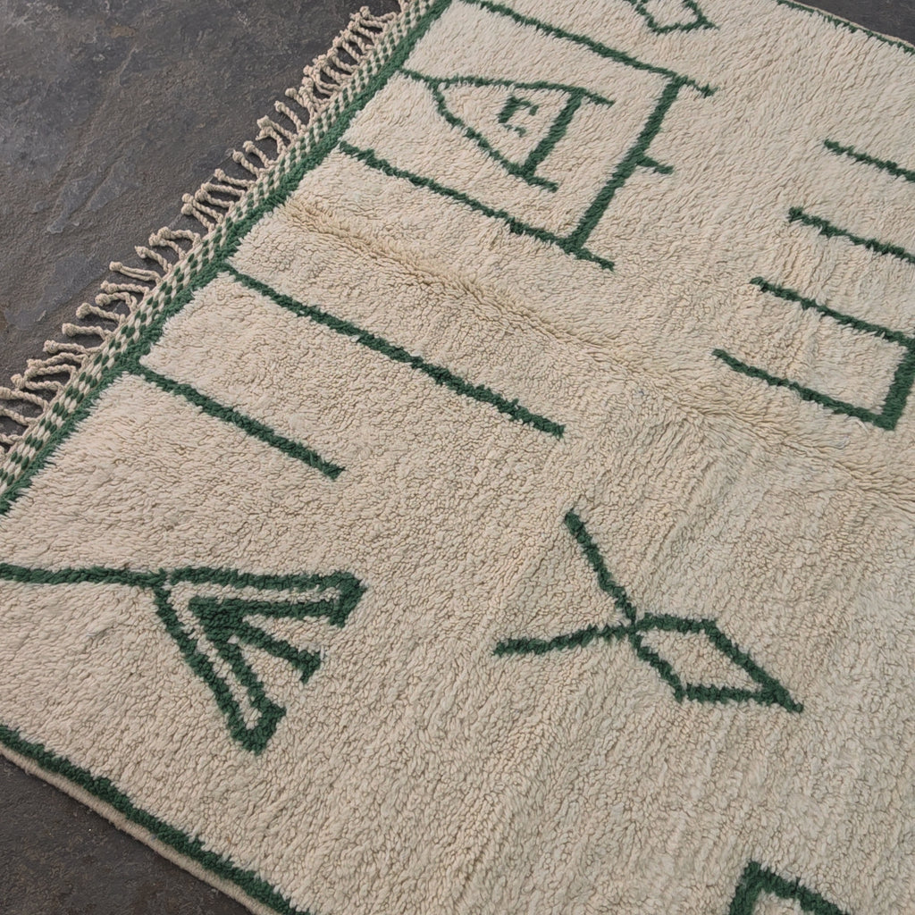 Azilal Moroccan Rug – Ivory Wool with Forest Green Berber Symbols | 204 × 290 cm