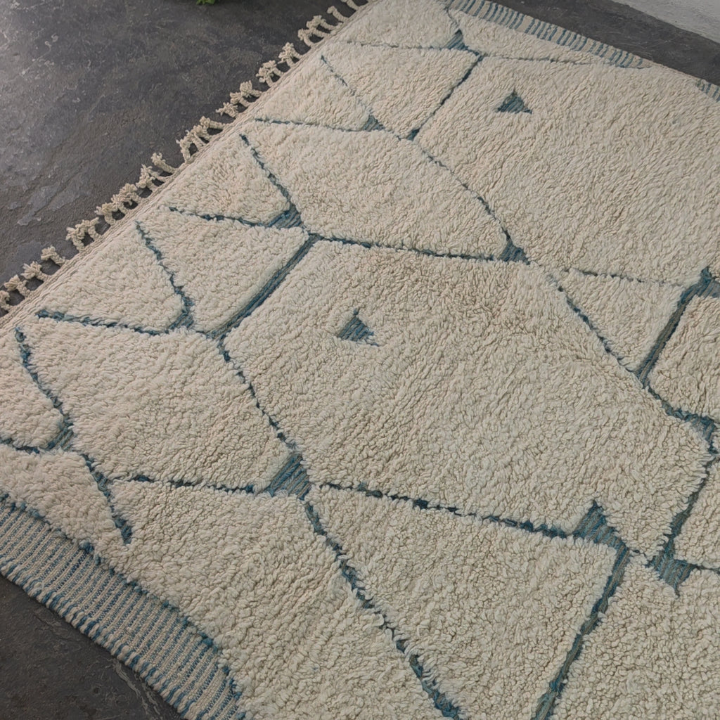 Authentic Hand-Knotted Moroccan Beni Ourain Rug with Blue Geometric Design