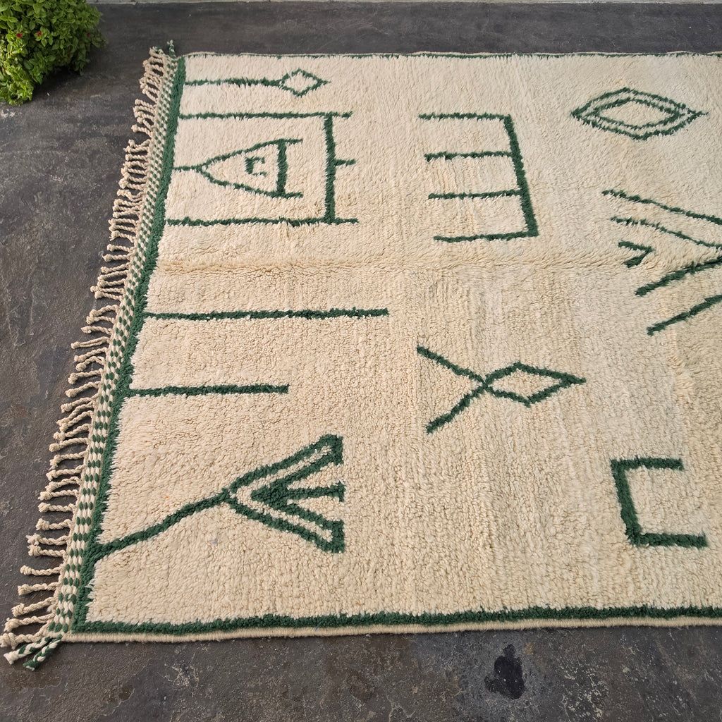 Azilal Moroccan Rug – Ivory Wool with Forest Green Berber Symbols | 204 × 290 cm