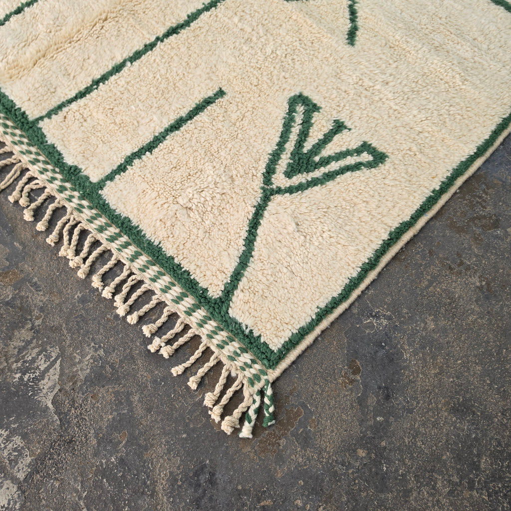 Azilal Moroccan Rug – Ivory Wool with Forest Green Berber Symbols | 204 × 290 cm