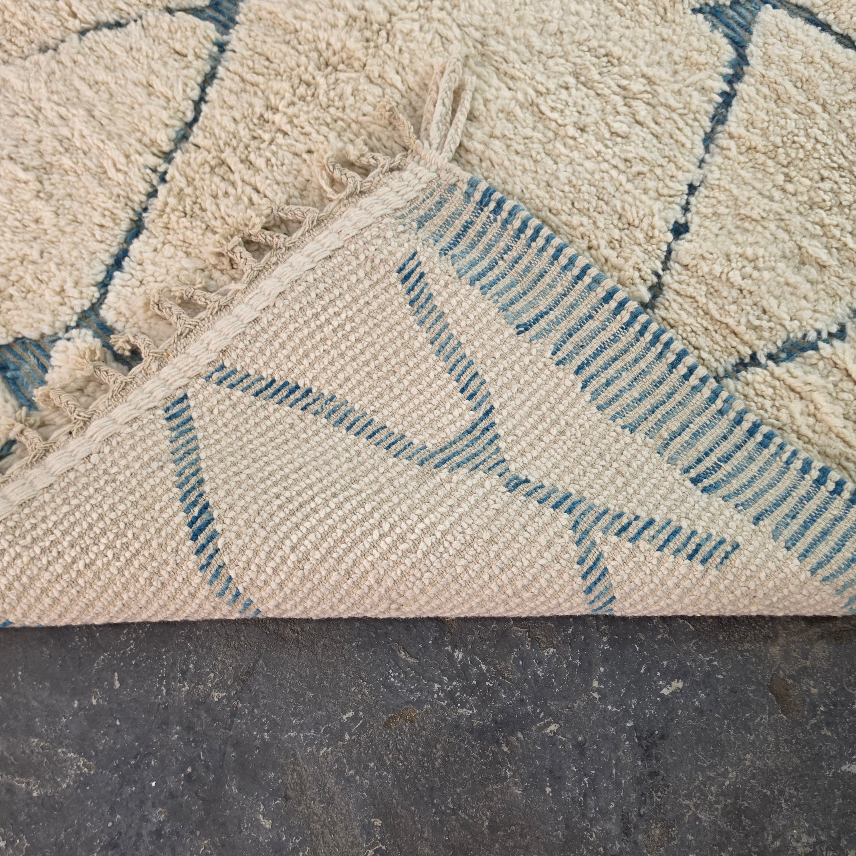 Authentic Hand-Knotted Moroccan Beni Ourain Rug with Blue Geometric Design