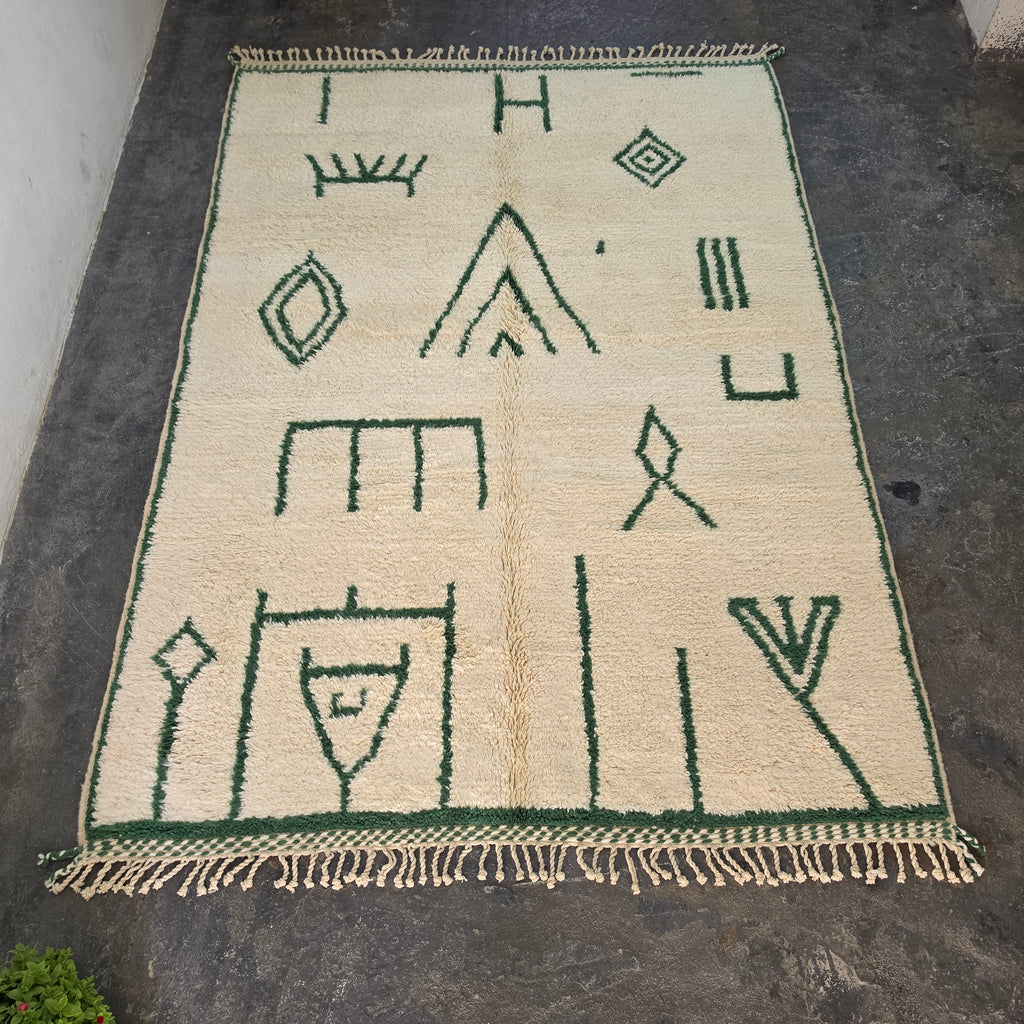 Azilal Moroccan Rug – Ivory Wool with Forest Green Berber Symbols | 204 × 290 cm