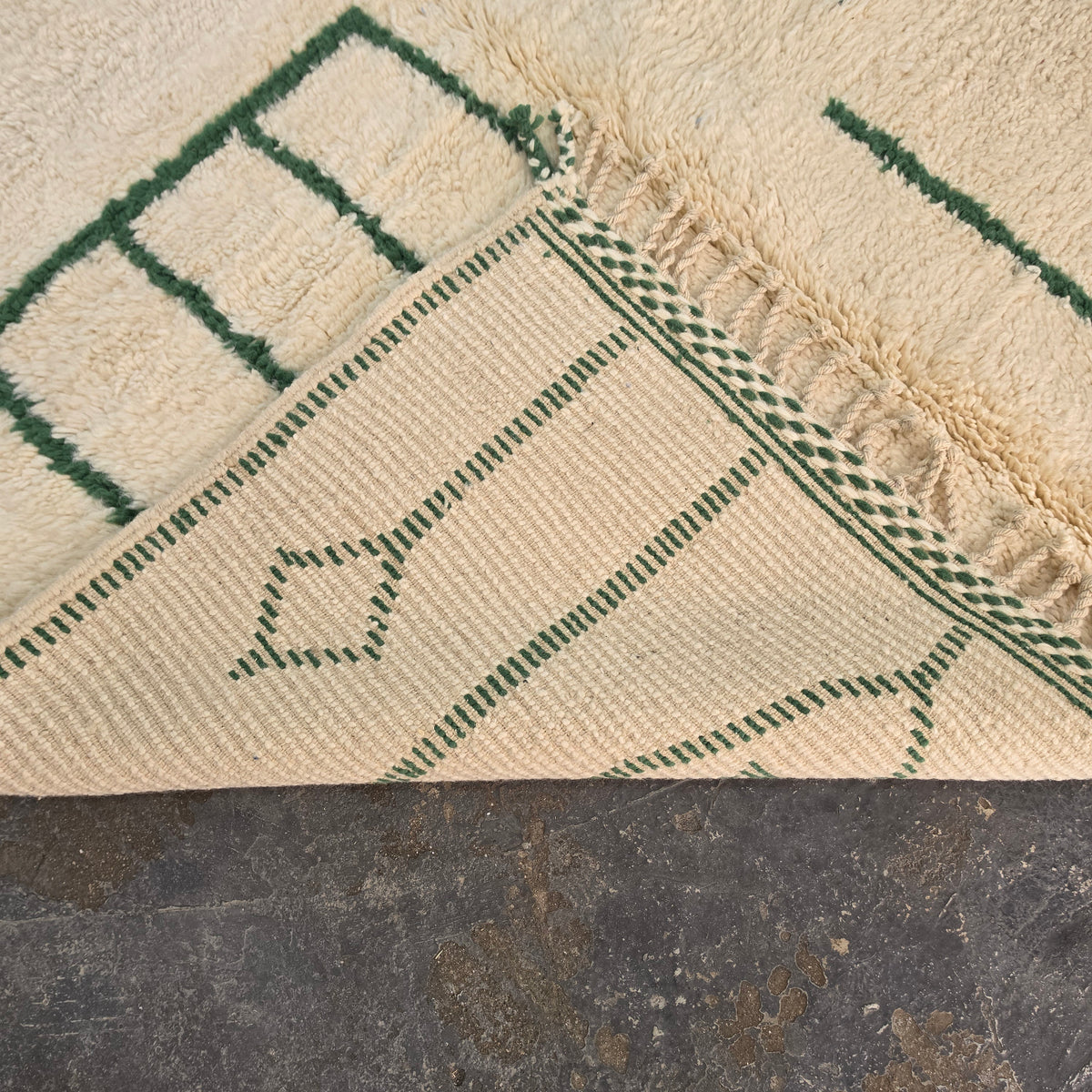 Azilal Moroccan Rug – Ivory Wool with Forest Green Berber Symbols | 204 × 290 cm