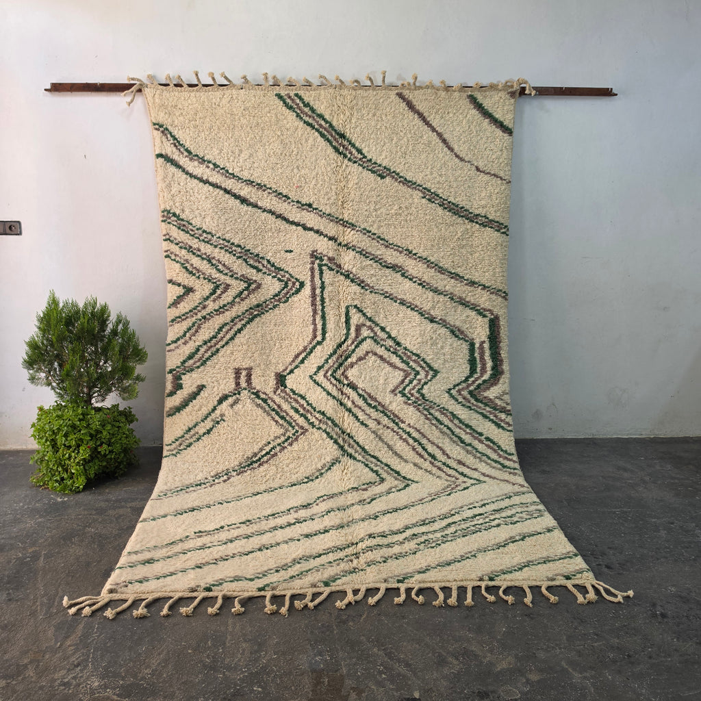 Azilal Moroccan Rug – Ivory Wool with Green & Mauve Flowing Lines | 193 × 314 cm