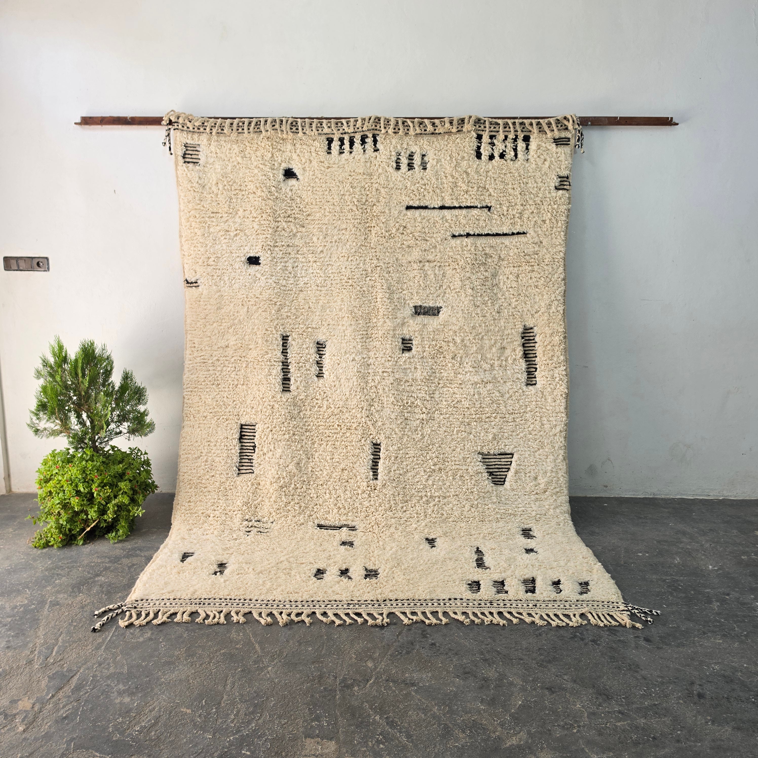 Handmade Beni Ourain Wool Rug with Minimalist Berber Dash Patterns