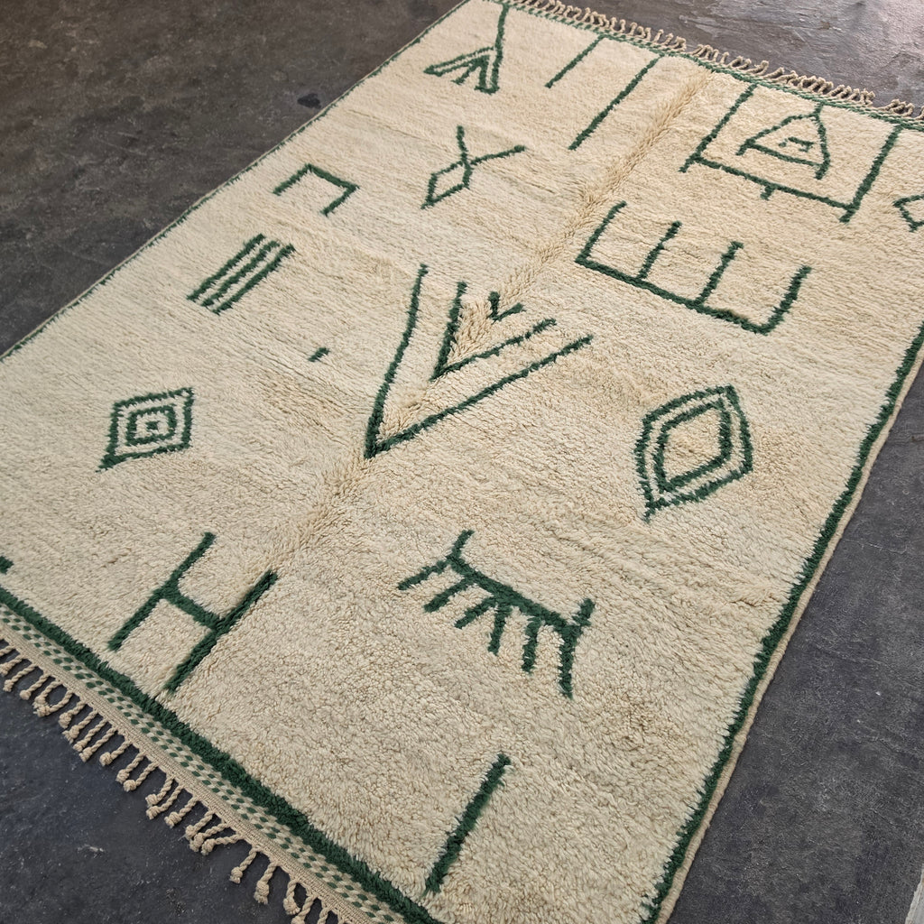 Azilal Moroccan Rug – Ivory Wool with Forest Green Berber Symbols | 204 × 290 cm