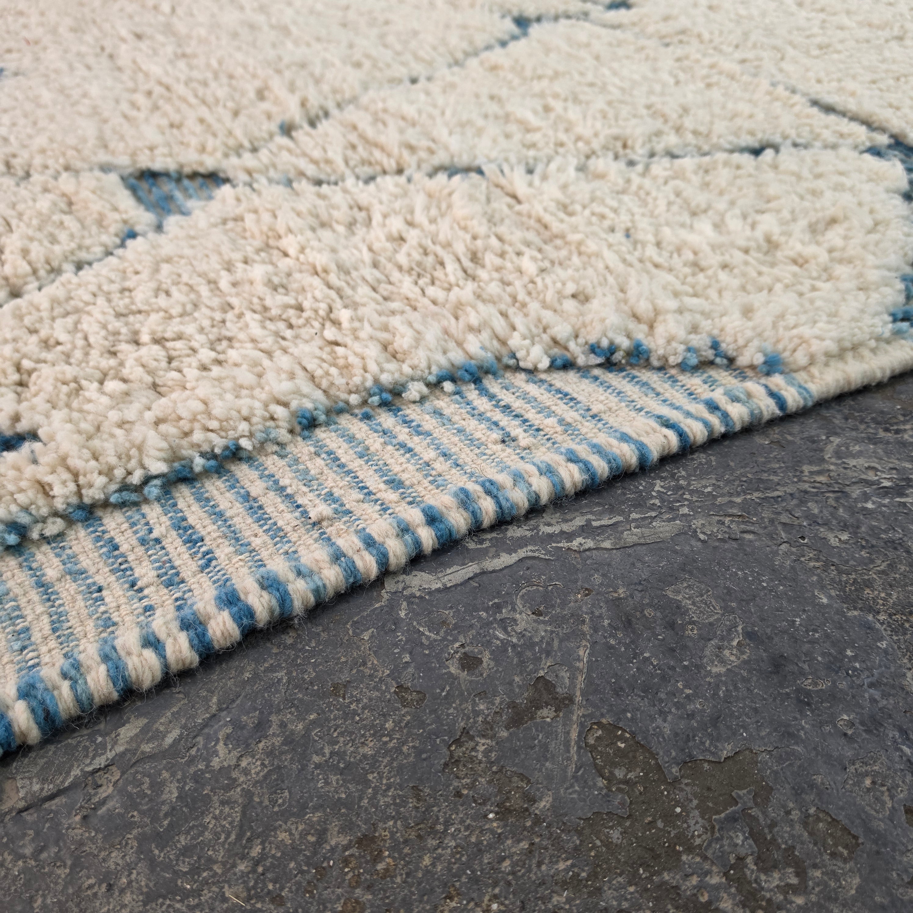 Authentic Hand-Knotted Moroccan Beni Ourain Rug with Blue Geometric Design