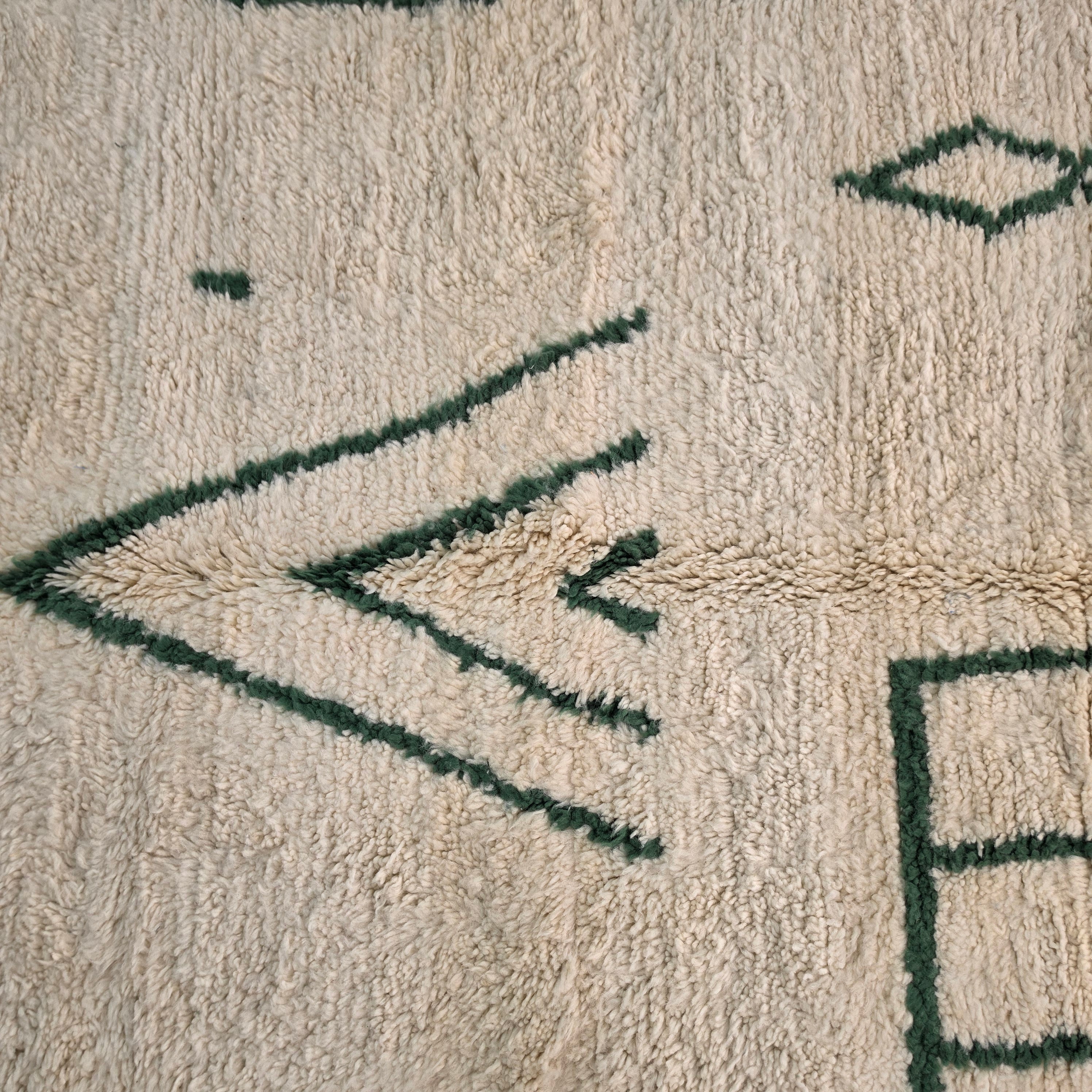 Azilal Moroccan Rug – Ivory Wool with Forest Green Berber Symbols | 204 × 290 cm