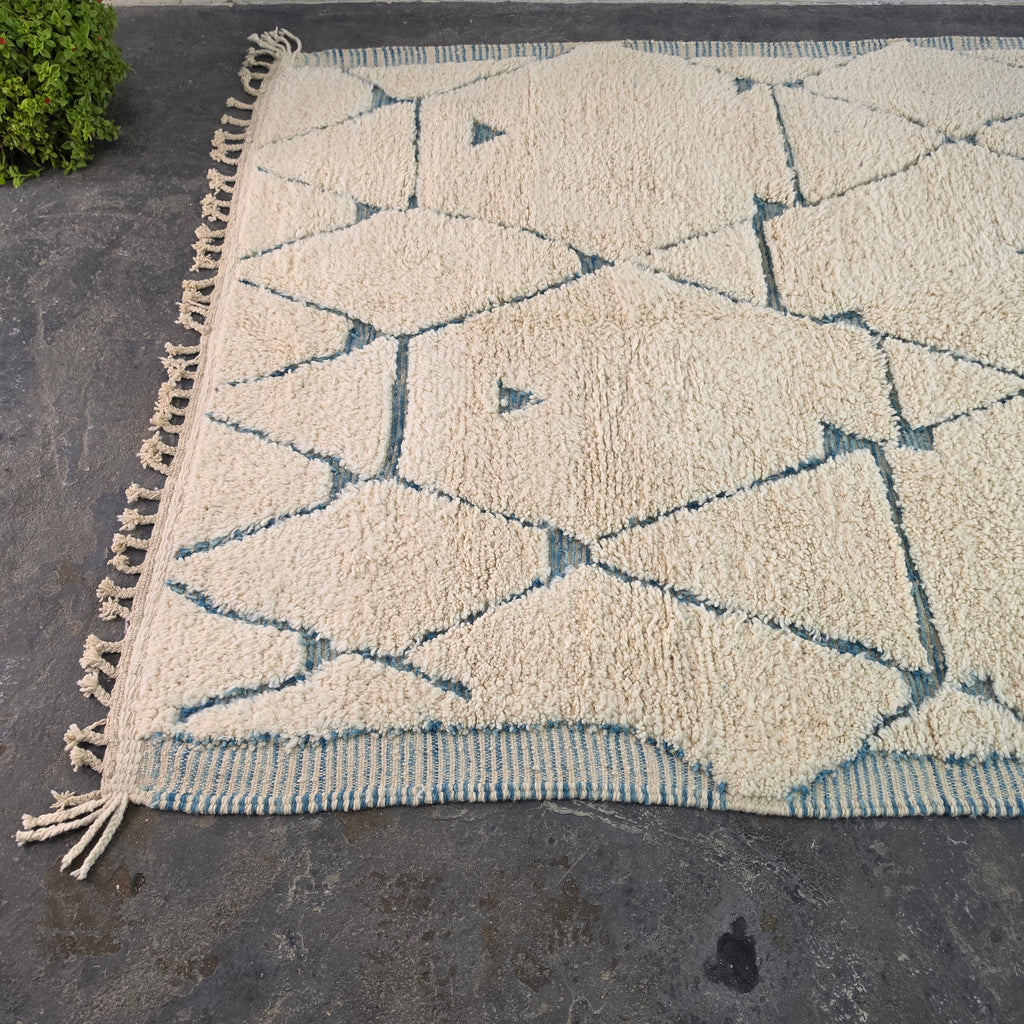 Authentic Hand-Knotted Moroccan Beni Ourain Rug with Blue Geometric Design