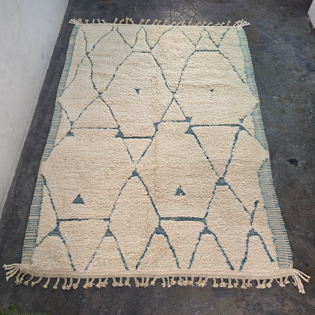 Authentic Hand-Knotted Moroccan Beni Ourain Rug with Blue Geometric Design