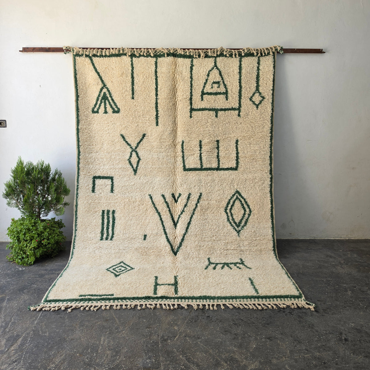 Azilal Moroccan Rug – Ivory Wool with Forest Green Berber Symbols | 204 × 290 cm