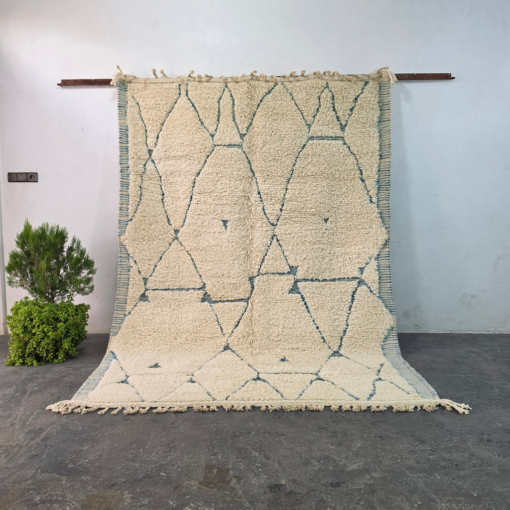 Authentic Hand-Knotted Moroccan Beni Ourain Rug with Blue Geometric Design